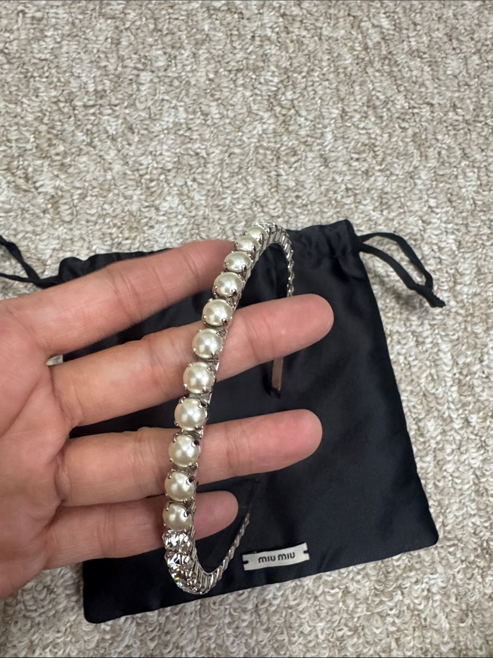 Miu Miu Silver Headband with Pearl Accents，limited edition